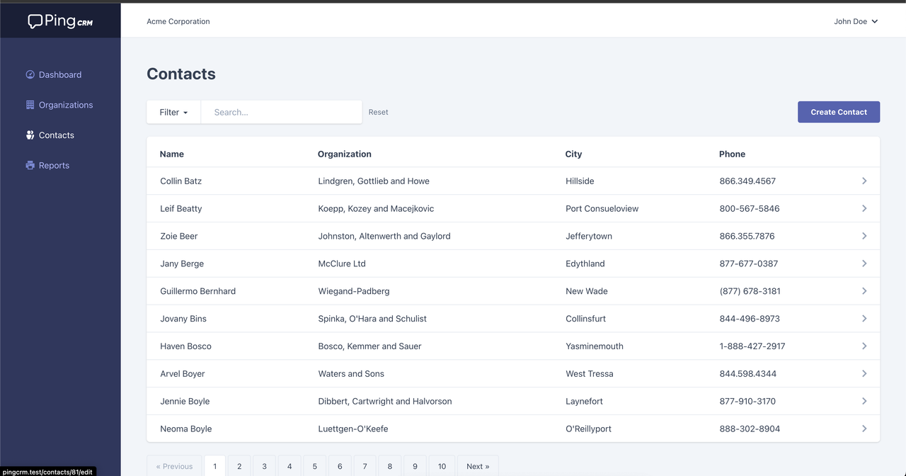Ping CRM (Laravel + Inertia Demo)